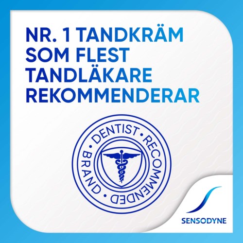 Ein blauer und weißer Aufkleber mit schwedischem Text, einem Zahnarztsymbol und Sensodyne-Logo.
