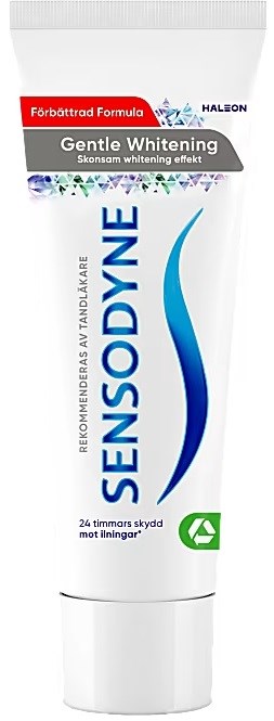 A white tube of Sensodyne toothpaste with blue and green accents, labeled for gentle whitening and protective against sensitivity.