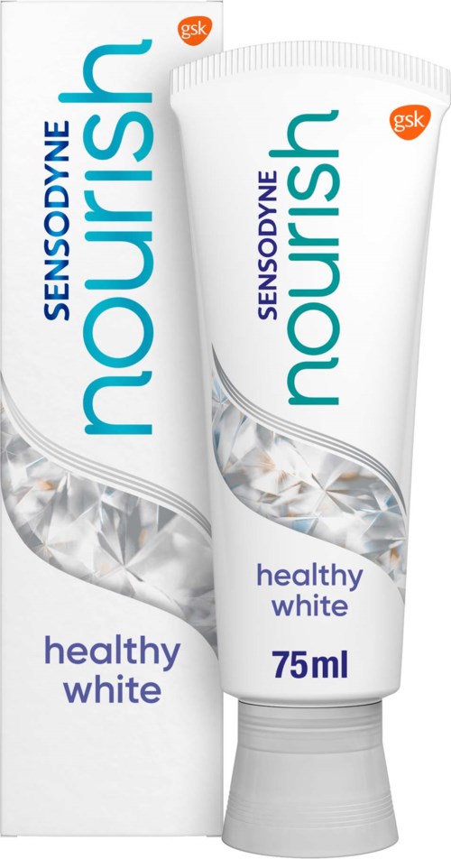 Eine Tube und eine Schachtel Sensodyne Nourish Zahnpasta mit Healthy White, 75 ml.