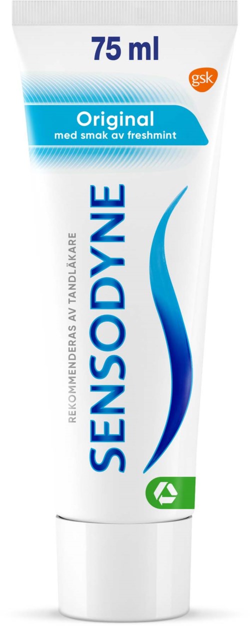Eine weiße Tube Sensodyne Zahnpasta mit blauen und orangefarbenen Akzenten, 75 ml, und eine blaue Beschriftung für Originalgeschmack.