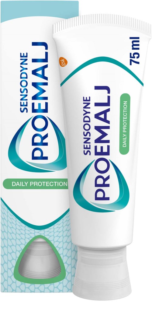 Eine Zahnpastatube mit blauer und grüner Gestaltung, beschriftet 'ProEmal' und 'Daily Protection'.