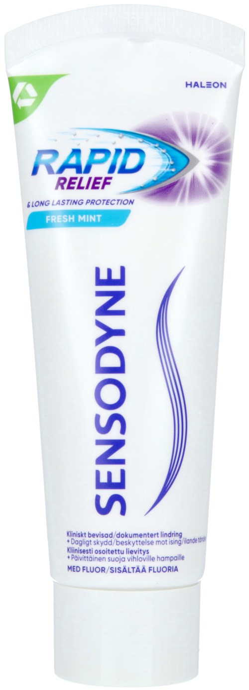 Eine weiße Tube Sensodyne-Zahnpasta mit blauer und lila Schrift, grünes Logo oben, erwähnt Linderung und frischen Minzgeschmack.