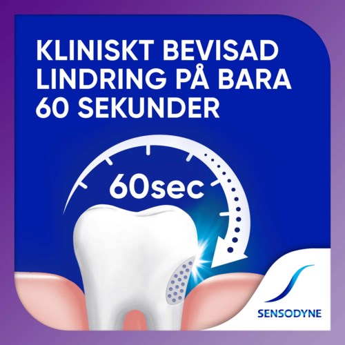 Ein Schild mit blauem Hintergrund, das schnelle, klinische Linderung von Zahnschmerzen in 60 Sekunden bewirbt, mit Zahn-Icon und Timer.