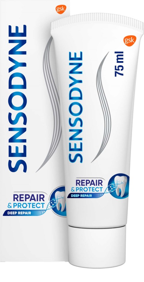 Eine Tube Sensodyne Repair & Protect Zahnpasta mit 75 ml, mit blauer und weißer Verpackung und Tiefenreparaturanspruch.