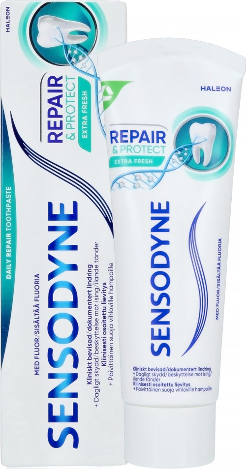 Zahnpasta-Tube und Verpackung, mit der Aufschrift Sensodyne Repair & Protect Extra Fresh, zum Schutz empfindlicher Zähne, in Blau und Weiß.