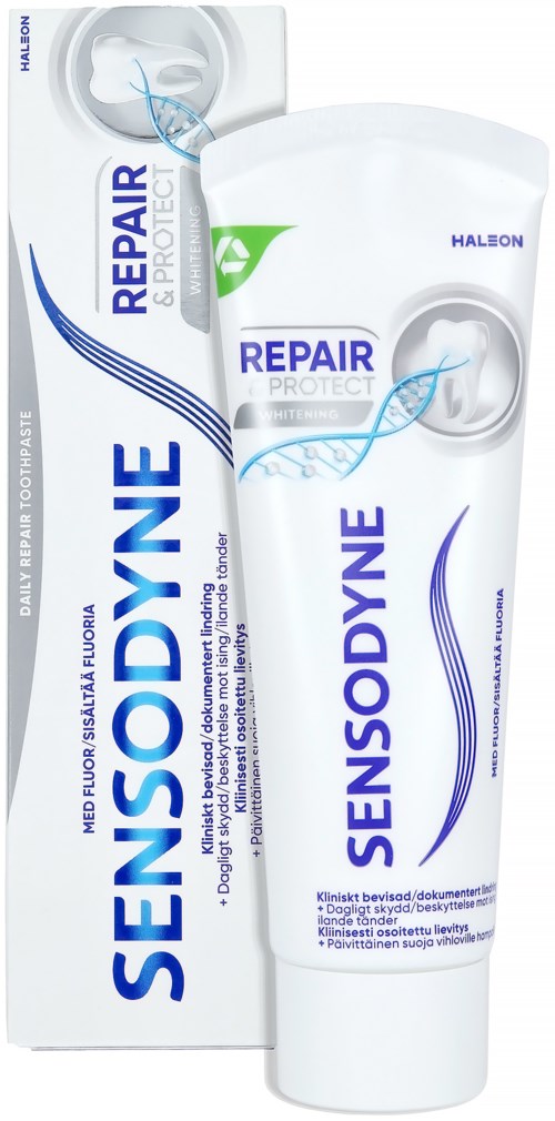 Eine weiße Tube Sensodyne Repair & Protect Zahnpasta mit blauer und violetter Gestaltung, neben ihrer Verpackung.