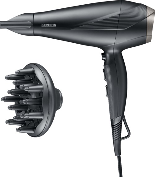 A black hair dryer with a detachable round styling attachment, showing a sleek design and power cord.