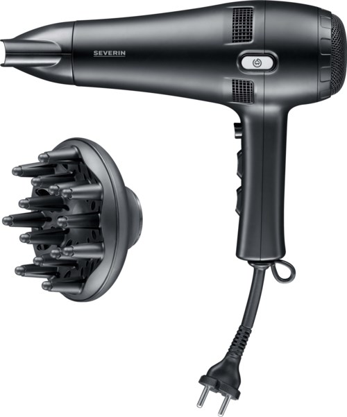 A black handheld hair dryer with a round attachment and a power switch on the handle.