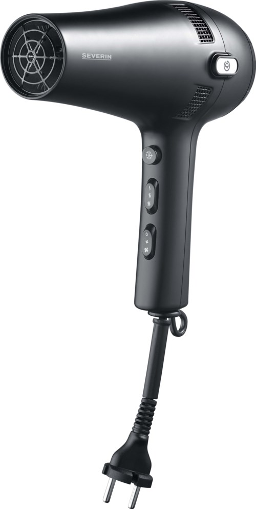 A black hair dryer with buttons on the handle and a cord at the bottom.