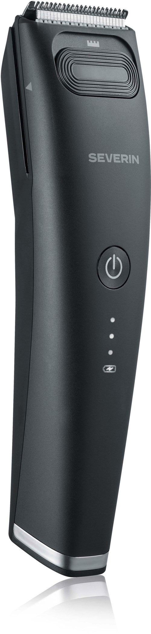 En svart elektrisk hårklipper med en av/på-knapp og fire LED-lys på håndtaket.