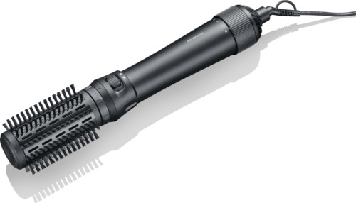 A black heated styling tool with a barrel and bristles, used for blow-drying and styling hair.
