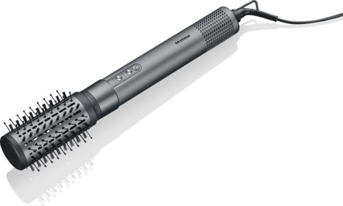 Eine handgehaltene Haarbürste mit zylindrischer Form, Tasten in der Mitte und einem Kabel am Ende.