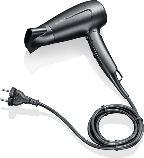 Ein schwarzer Haartrockner mit langem Kabel und Griff, zum schnellen Trocknen der Haare.