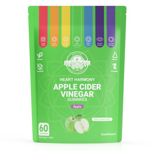 Grönt påse med äppelcidervinägergummies med vitamin B12 som stödjer hjärthälsa och immunförsvar.