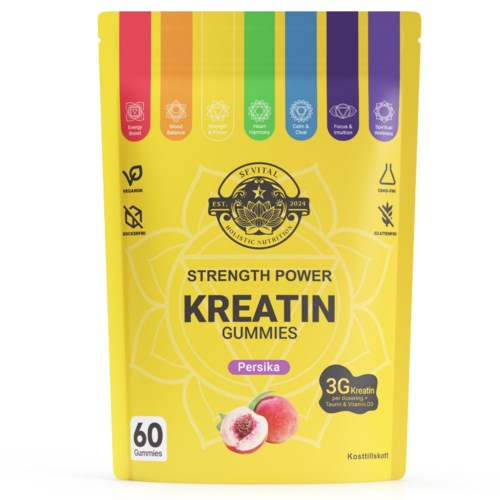 Gult paket med regnbågsstrimmor högst upp och en lotusblomma i bakgrunden. Innehåller kreatin-gummies med persikosmak.