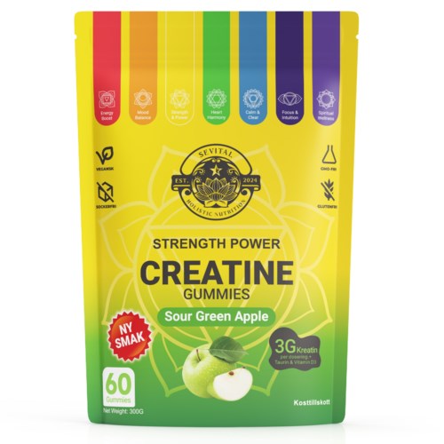 Gul och grön förpackning med lila och röda accenter. Innehåller Creatine-gummies med smak av surt grönt äpple. Visar hälsovinster och en logga.