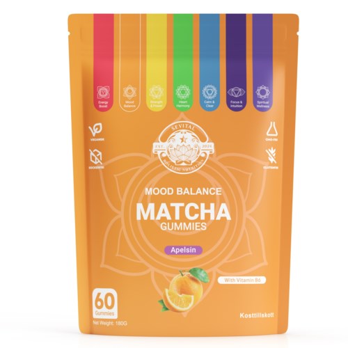 Ljusröd förpackning med färgglada flikar längst upp, märkta med hälsovinster som energi och fokus, innehåller 60 matcha-gummies.