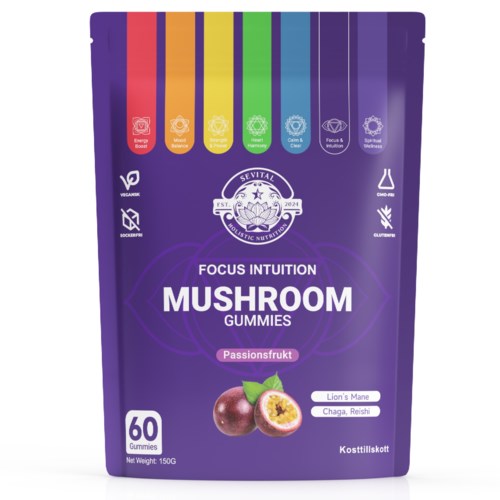 Lila förpackning med färgglada ikoner, text om svampgummies och passionsfruktsmak. Innehåller 60 gummies.
