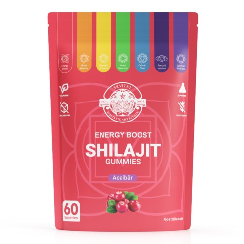 En rosa påse med färgglada ränder högst upp, märkt Shilajit gummies med bär, främjar energi och välbefinnande.