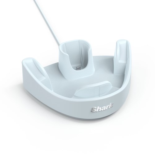 A white Shark robot vacuum dock with a connector on top and the Shark logo at the front.