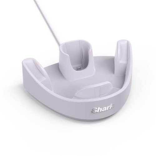 A white electronic device with the brand name Shark, shaped to hold and guide a vacuum cleaner hose.