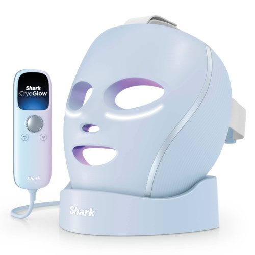 A facial treatment mask with a connected device named Shark CryoGlow for skin cooling and tightening.
