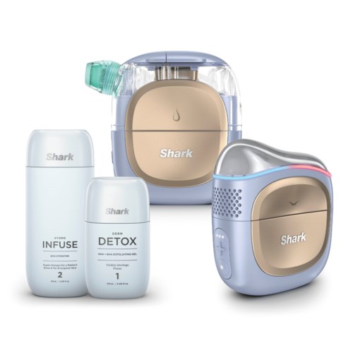 A set of skincare products with bottles and containers, some with caps, branded with the Shark logo.