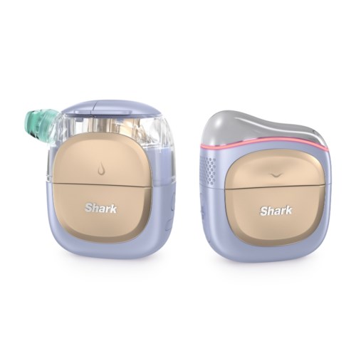 Two Shark portable inhalers or nebulizers in beige and purple colors. One has a mask, the other a mouthpiece.