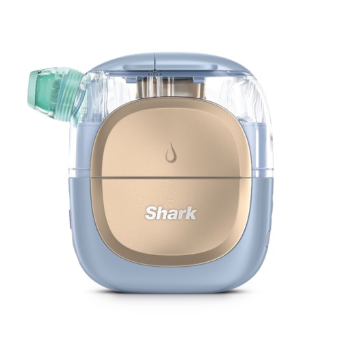A small, square device with a beige front, blue sides, and a green mouthpiece, labeled Shark.