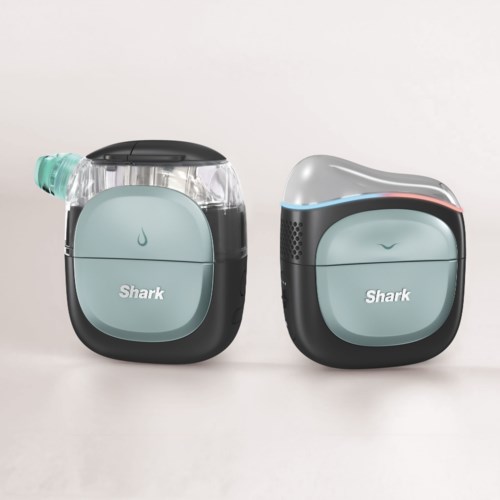 Two portable nebulizers with Shark branding, one with a water tank and the other without, both black and light blue.