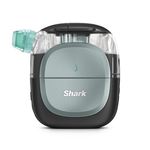 A small, portable inhaler device with a clear mouthpiece, gray body, and the word Shark written on it.