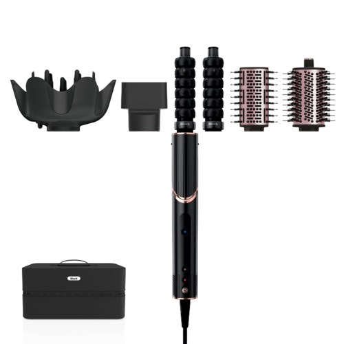 A hair styling tool with various attachments, a storage case, and interchangeable heads.