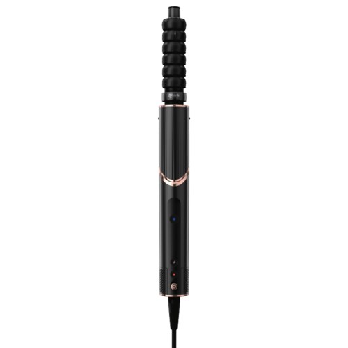 A black curling iron with a clip, handle, and power button for styling hair.