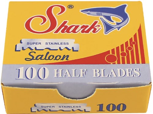 Box of 100 stainless steel razors with shark logo and yellow and red packaging.