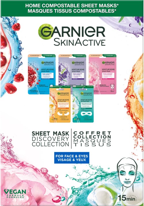 Kleurrijke verpakkingen tonen Garnier gezichtsmaskers voor gezicht en ogen, met heldere kleuren en een persoon met masker.
