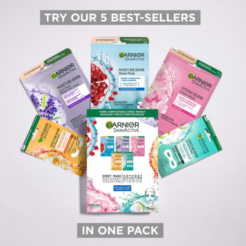 Vijf gezichtsmaskerverpakkingen van Garnier's SkinActive line met verschillende smaken en ingrediënten.