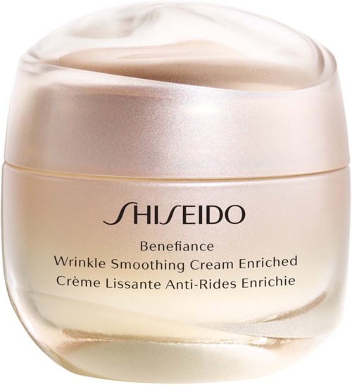 Słoik kremu Shiseido Wrinkle Smoothing Cream, jasny kolor, zaokrąglone krawędzie.
