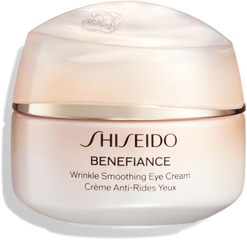 Een roze potje Shiseido Benefiance Wrinkle Smoothing Eye Cream met ronde bovenkant en glanzende afwerking.