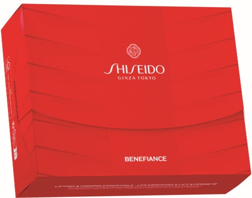 Red box packaging for Shiseido Benefiance cream with white text and logo, designed for skincare.