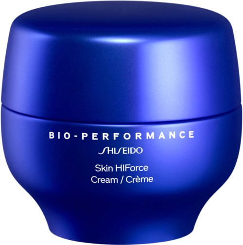 Blauwe pot van Shiseido Skin HIForce Crème, gemarkeerd als BIO-PERFORMANCE, voor huidverzorging.