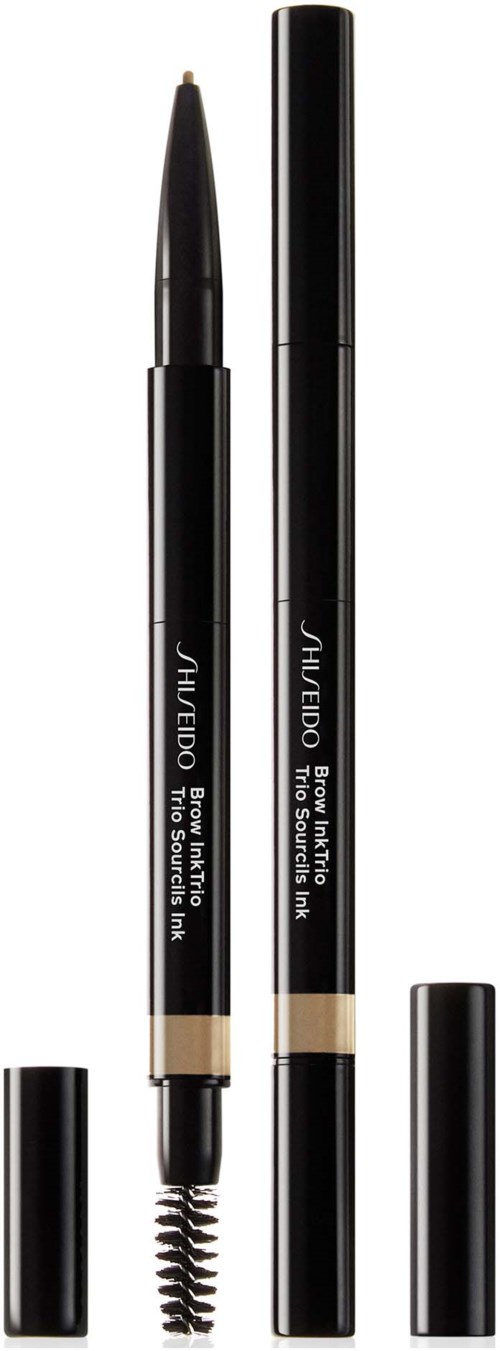 Een Japanse wenkbrauwpotlood met spoolie kam, zwart lichaam en zilveren dop, merk Shiseido. Tool voor wenkbrauwmake-up.
