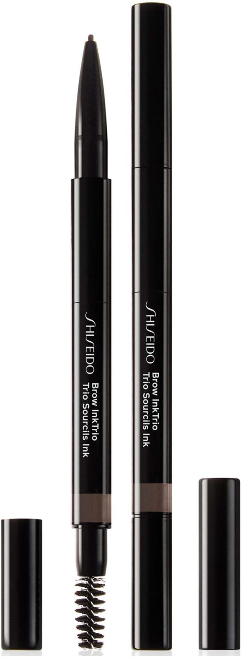 Två svarta ögonbrynspennor, en med vridbar spets och spoolie, båda med lock. Shiseido-märke på dem.