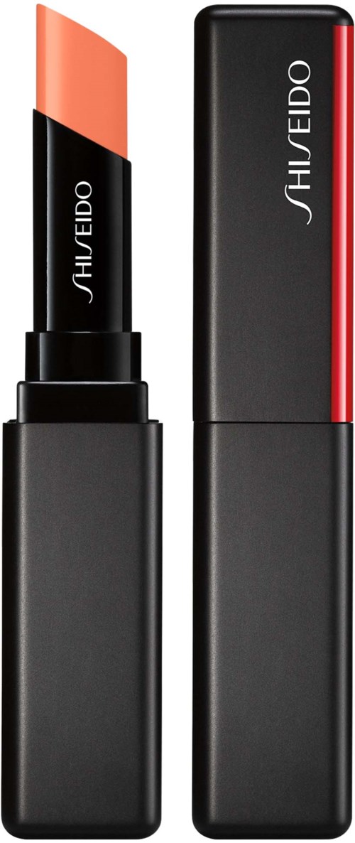 A black lipstick case with a lipstick stick that is peach-colored, and a matching black box with red accents.