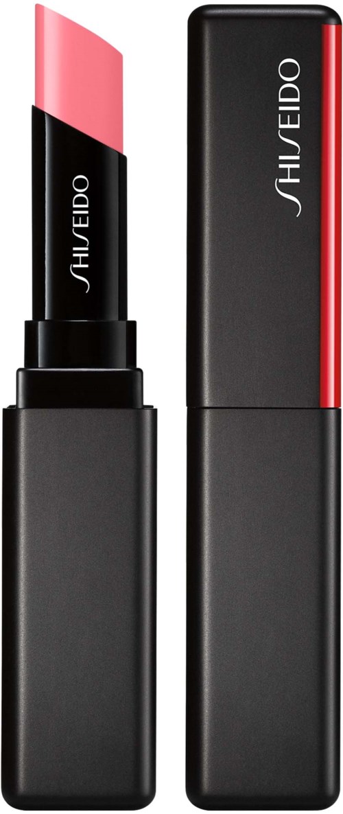 Ett rosa läppstift med svart hölje och ett matchande läppstiftetui med röda detaljer. Båda har Shiseido-loggan.