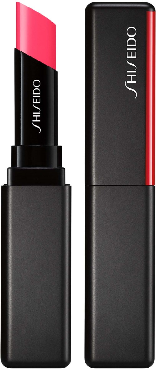 Ett Shiseido läppstift med rosa färg, svart hölje och en matchande rektangulär box.