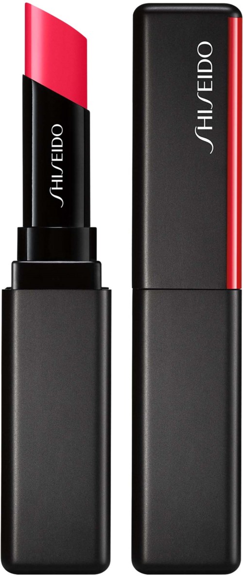 En svart läppstiftstub med rosa läppstift synligt, bredvid ett matchande svart fodral med märket Shiseido.