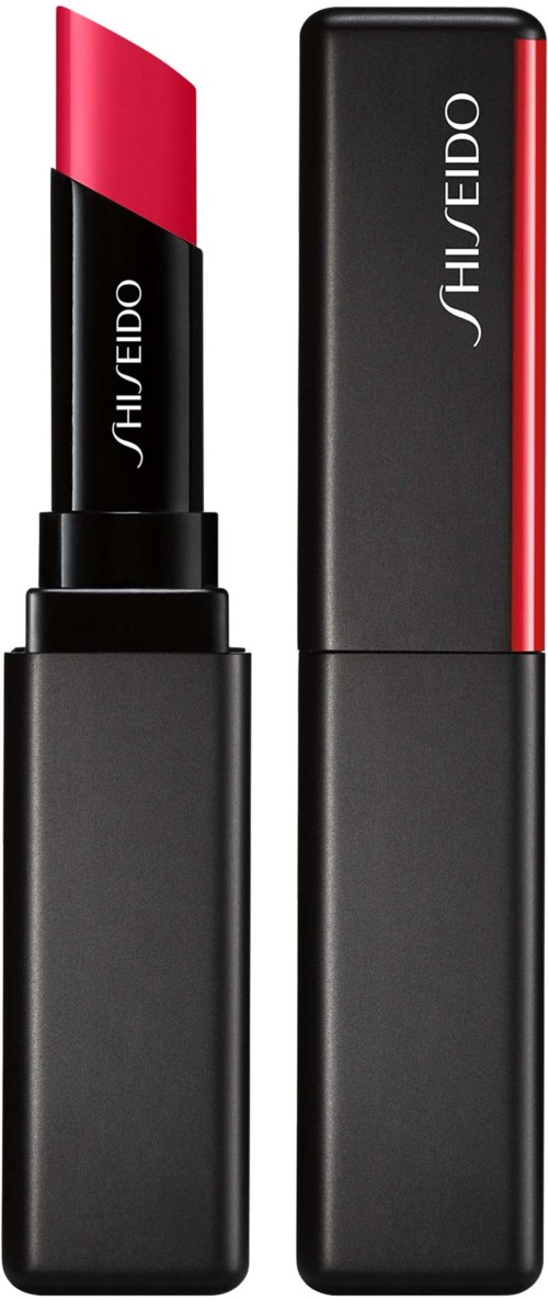 Lipstick in a black case with red lipstick showing. Shiseido logo on both the lipstick and case.
