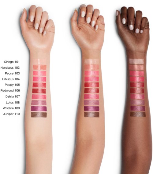 Swatches of lipstick shades on three different skin tones, labeled with names like Ginkgo, Narcissus, and Lotus.