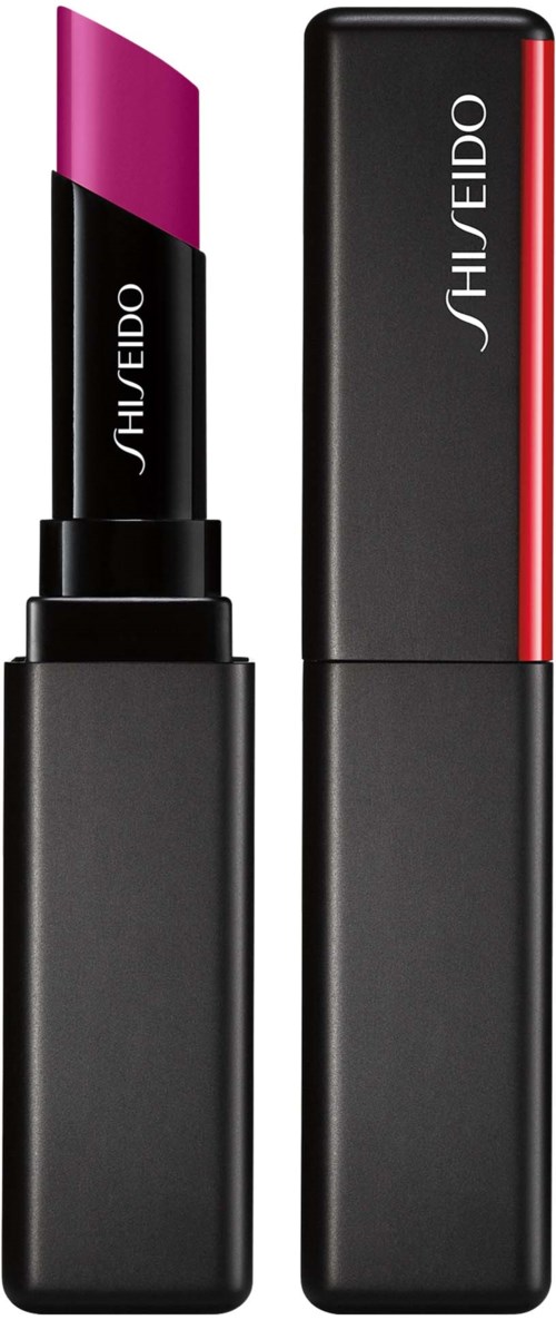 A lipstick in a black case with a pink color showing, and the cap is next to a black box with the brand name.