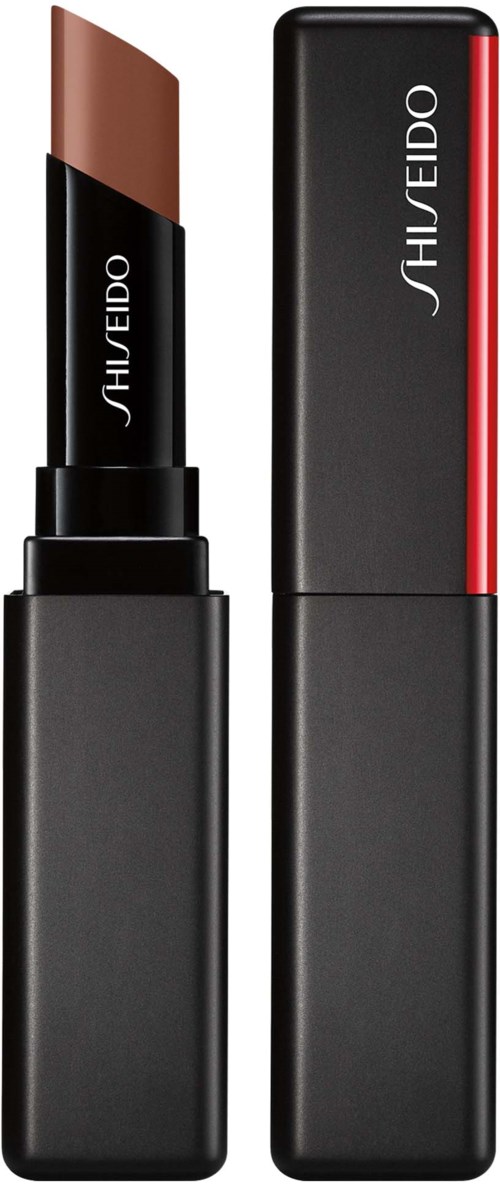 A lipstick with a black case and red stripe, the cap is removed showing the lipstick inside.